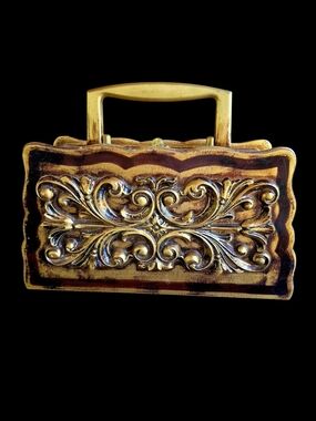 Vintage 1968 Royal London Carved Wood Box Top Handle Handbag Florentine-Style